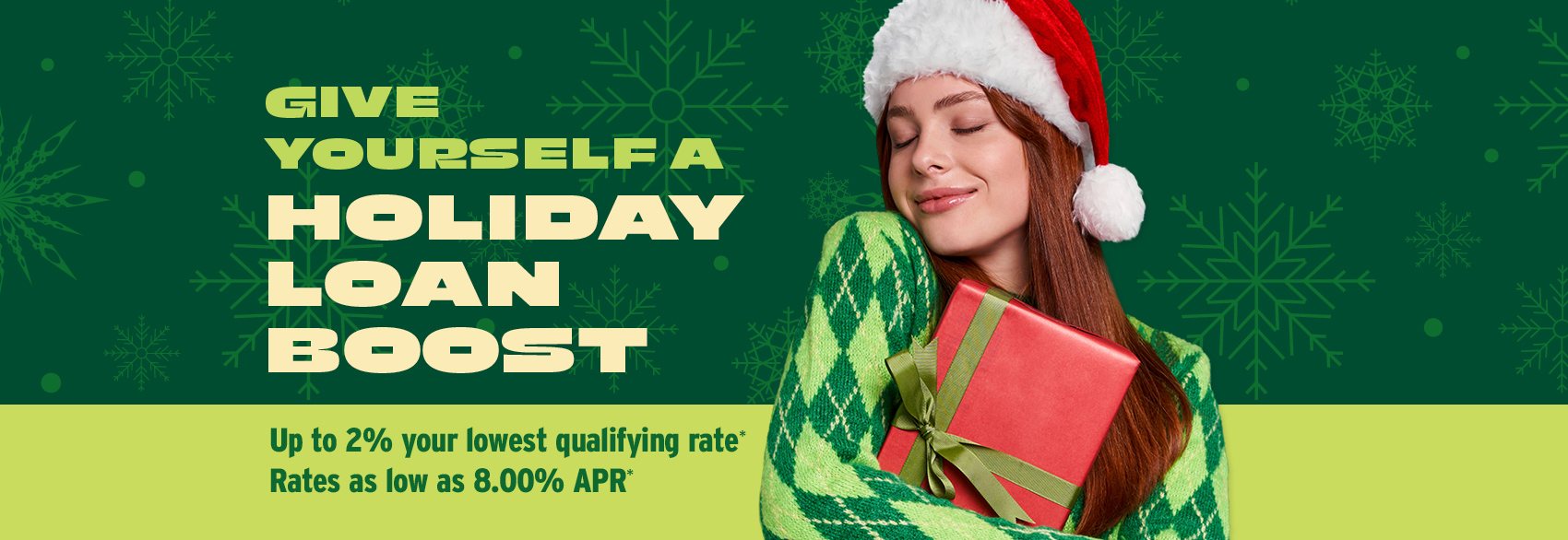 Happy woman on quilt background celebrating the holidays with a special holiday loan